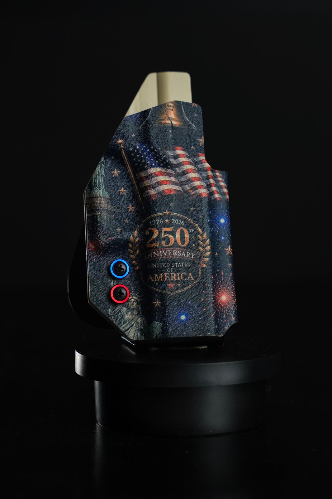 EcoDraw OWB holster with a 250th Anniversary of the United States graphic - American flag, Statue of Liberty, and fireworks